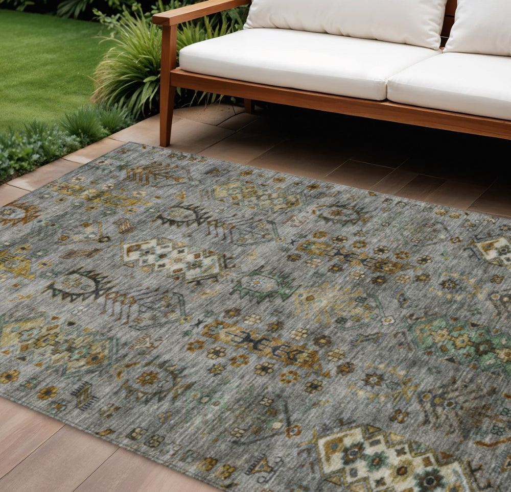 HomeRoots 9' X 12' Stylish Pewter and Gold Tribal Area Rug – Washable, Durable for Indoor and Outdoor Use! 630169