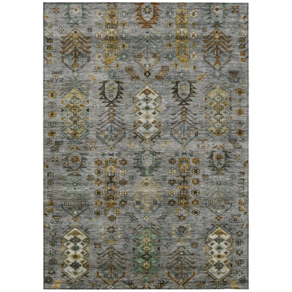 HomeRoots 9' X 12' Stylish Pewter and Gold Tribal Area Rug – Washable, Durable for Indoor and Outdoor Use! 630169