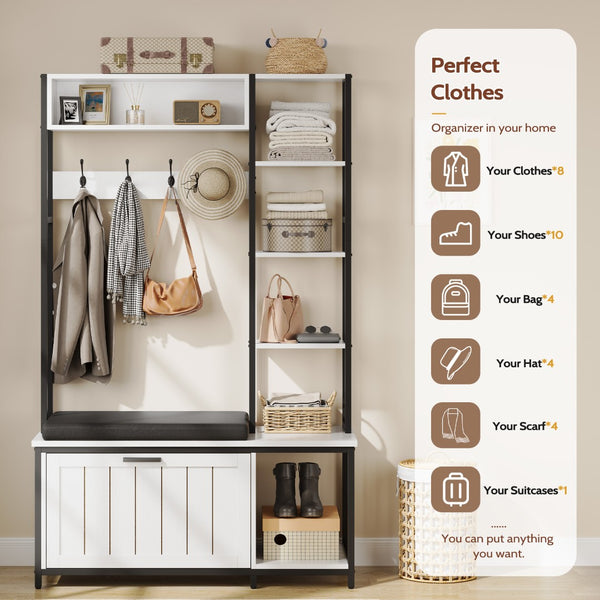 English Elm Hall Tree Entryway Organizer with Cushioned Bench Shoe Cabinet and Coat Hooks White+Black T5618P448216