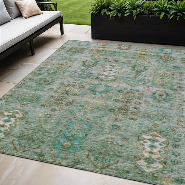 HomeRoots 5' X 8' Sage and Gold Tribal Area Rug – Stylish, Washable, Indoor/Outdoor, Durable for High-Traffic Areas 630172