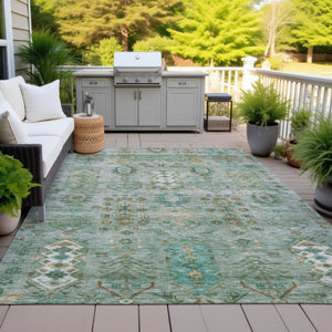HomeRoots 5' X 8' Sage and Gold Tribal Area Rug – Stylish, Washable, Indoor/Outdoor, Durable for High-Traffic Areas 630172
