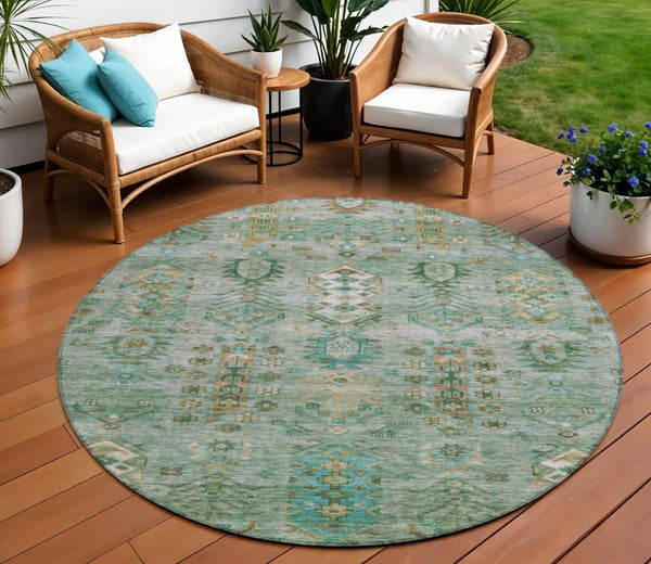 HomeRoots 8' Sage and Gold Round Tribal Rug - Stylish, Durable, Washable Area Rug for Indoor & Outdoor Spaces 630173