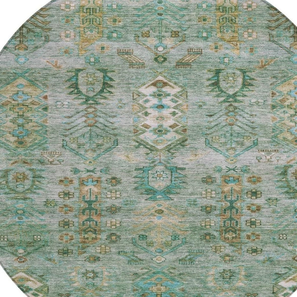 HomeRoots 8' Sage and Gold Round Tribal Rug - Stylish, Durable, Washable Area Rug for Indoor & Outdoor Spaces 630173