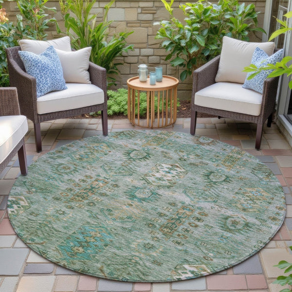 HomeRoots 8' Sage and Gold Round Tribal Rug - Stylish, Durable, Washable Area Rug for Indoor & Outdoor Spaces 630173
