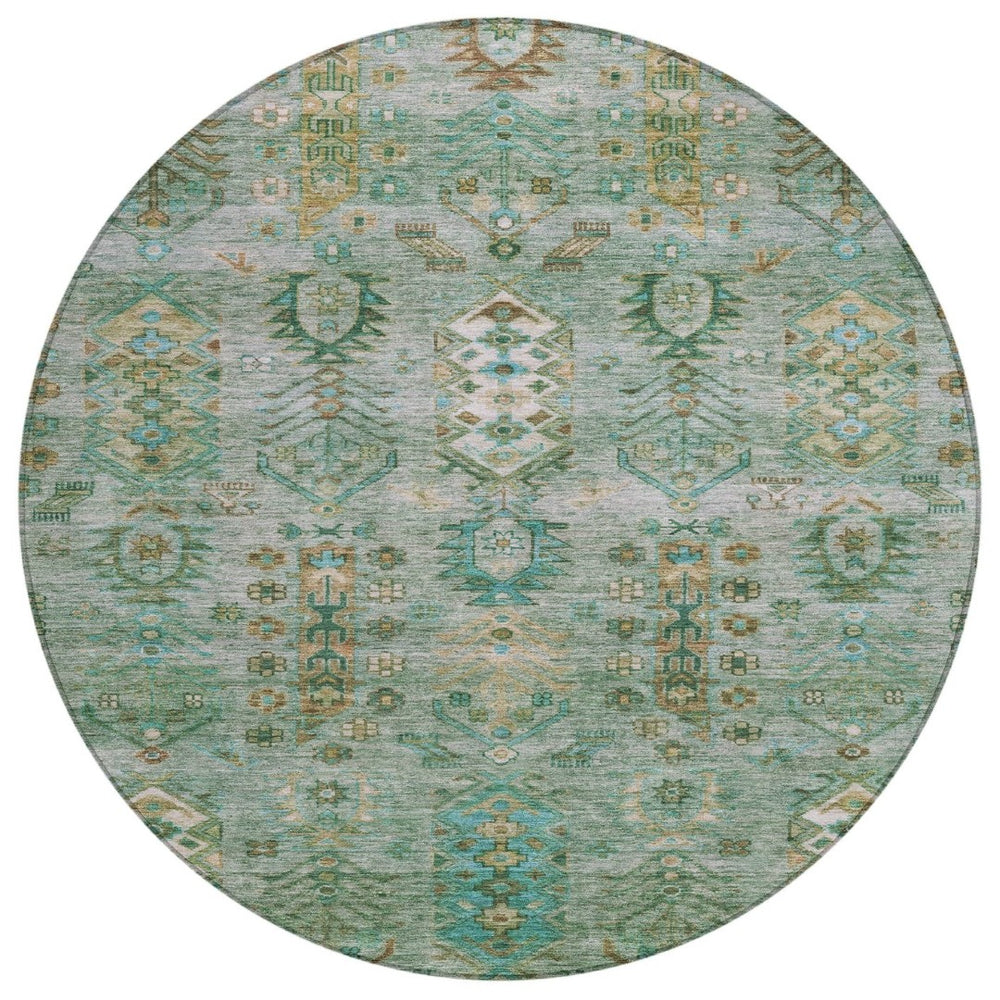 HomeRoots 8' Sage and Gold Round Tribal Rug - Stylish, Durable, Washable Area Rug for Indoor & Outdoor Spaces 630173