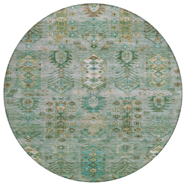 HomeRoots 8' Sage and Gold Round Tribal Rug - Stylish, Durable, Washable Area Rug for Indoor & Outdoor Spaces 630173