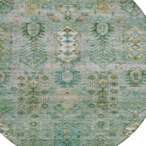 HomeRoots 8' Sage and Gold Round Tribal Rug - Stylish, Durable, Washable Area Rug for Indoor & Outdoor Spaces 630173