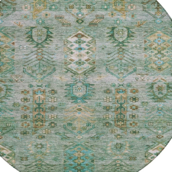 HomeRoots 8' Sage and Gold Round Tribal Rug - Stylish, Durable, Washable Area Rug for Indoor & Outdoor Spaces 630173