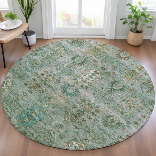 HomeRoots 8' Sage and Gold Round Tribal Rug - Stylish, Durable, Washable Area Rug for Indoor & Outdoor Spaces 630173