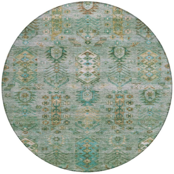 HomeRoots 8' Sage and Gold Round Tribal Rug - Stylish, Durable, Washable Area Rug for Indoor & Outdoor Spaces 630173