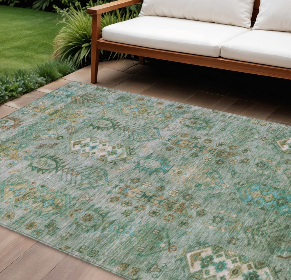 HomeRoots 8' X 10' Sage and Gold Tribal Area Rug - Washable, Durable, Stylish for Indoor & Outdoor Spaces 630174