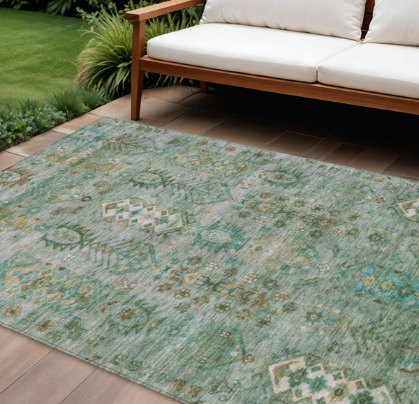 HomeRoots 8' X 10' Sage and Gold Tribal Area Rug - Washable, Durable, Stylish for Indoor & Outdoor Spaces 630174