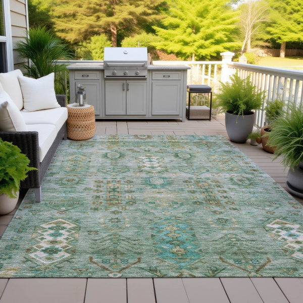 HomeRoots 8' X 10' Sage and Gold Tribal Area Rug - Washable, Durable, Stylish for Indoor & Outdoor Spaces 630174