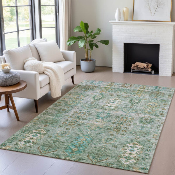 HomeRoots 8' X 10' Sage and Gold Tribal Area Rug - Washable, Durable, Stylish for Indoor & Outdoor Spaces 630174