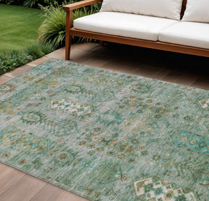 HomeRoots 10' Sage and Gold Tribal Indoor Outdoor Area Rug - Washable, Durable, Stylish for High-Traffic Spaces 630176