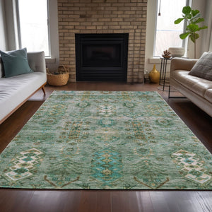 HomeRoots 10' Sage and Gold Tribal Indoor Outdoor Area Rug - Washable, Durable, Stylish for High-Traffic Spaces 630176