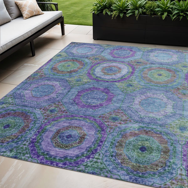 HomeRoots 5' X 8' Vibrant Blue Purple Lime Green Geometric Washable Area Rug for Indoor/Outdoor Spaces 630178