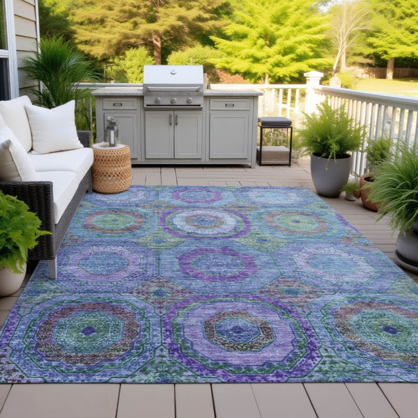 HomeRoots 5' X 8' Vibrant Blue Purple Lime Green Geometric Washable Area Rug for Indoor/Outdoor Spaces 630178