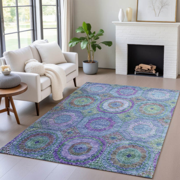 HomeRoots 5' X 8' Vibrant Blue Purple Lime Green Geometric Washable Area Rug for Indoor/Outdoor Spaces 630178
