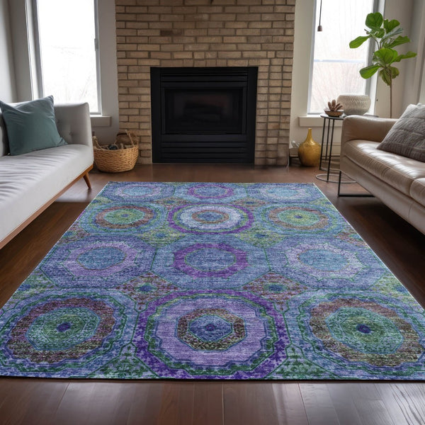 HomeRoots 5' X 8' Vibrant Blue Purple Lime Green Geometric Washable Area Rug for Indoor/Outdoor Spaces 630178