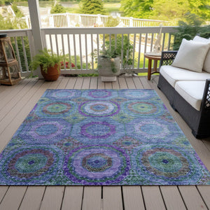 HomeRoots 5' X 8' Vibrant Blue Purple Lime Green Geometric Washable Area Rug for Indoor/Outdoor Spaces 630178
