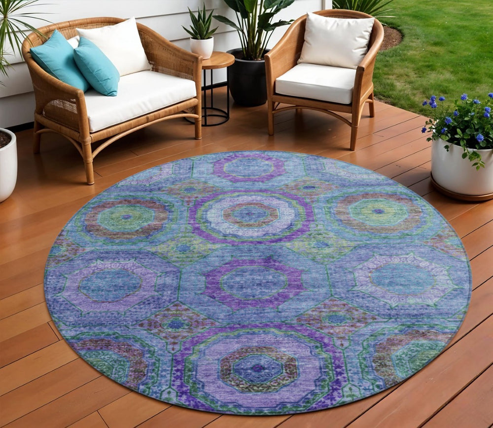 HomeRoots 8' Vibrant Geometric Round Rug in Blue, Purple & Lime Green – Washable, Durable & Stylish Accent! 630179