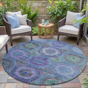 HomeRoots 8' Vibrant Geometric Round Rug in Blue, Purple & Lime Green – Washable, Durable & Stylish Accent! 630179