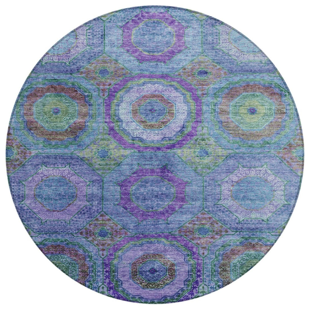 HomeRoots 8' Vibrant Geometric Round Rug in Blue, Purple & Lime Green – Washable, Durable & Stylish Accent! 630179