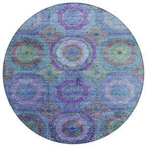 HomeRoots 8' Vibrant Geometric Round Rug in Blue, Purple & Lime Green – Washable, Durable & Stylish Accent! 630179