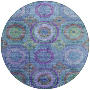 HomeRoots 8' Vibrant Geometric Round Rug in Blue, Purple & Lime Green – Washable, Durable & Stylish Accent! 630179