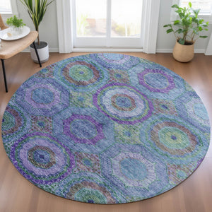 HomeRoots 8' Vibrant Geometric Round Rug in Blue, Purple & Lime Green – Washable, Durable & Stylish Accent! 630179