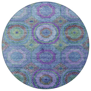 HomeRoots 8' Vibrant Geometric Round Rug in Blue, Purple & Lime Green – Washable, Durable & Stylish Accent! 630179