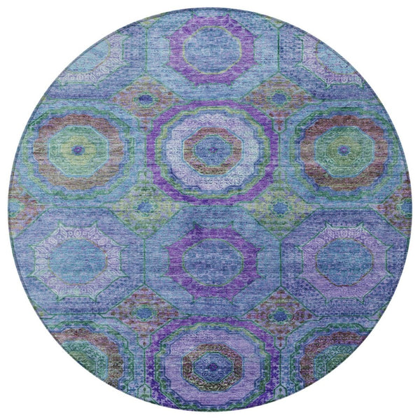 HomeRoots 8' Vibrant Geometric Round Rug in Blue, Purple & Lime Green – Washable, Durable & Stylish Accent! 630179