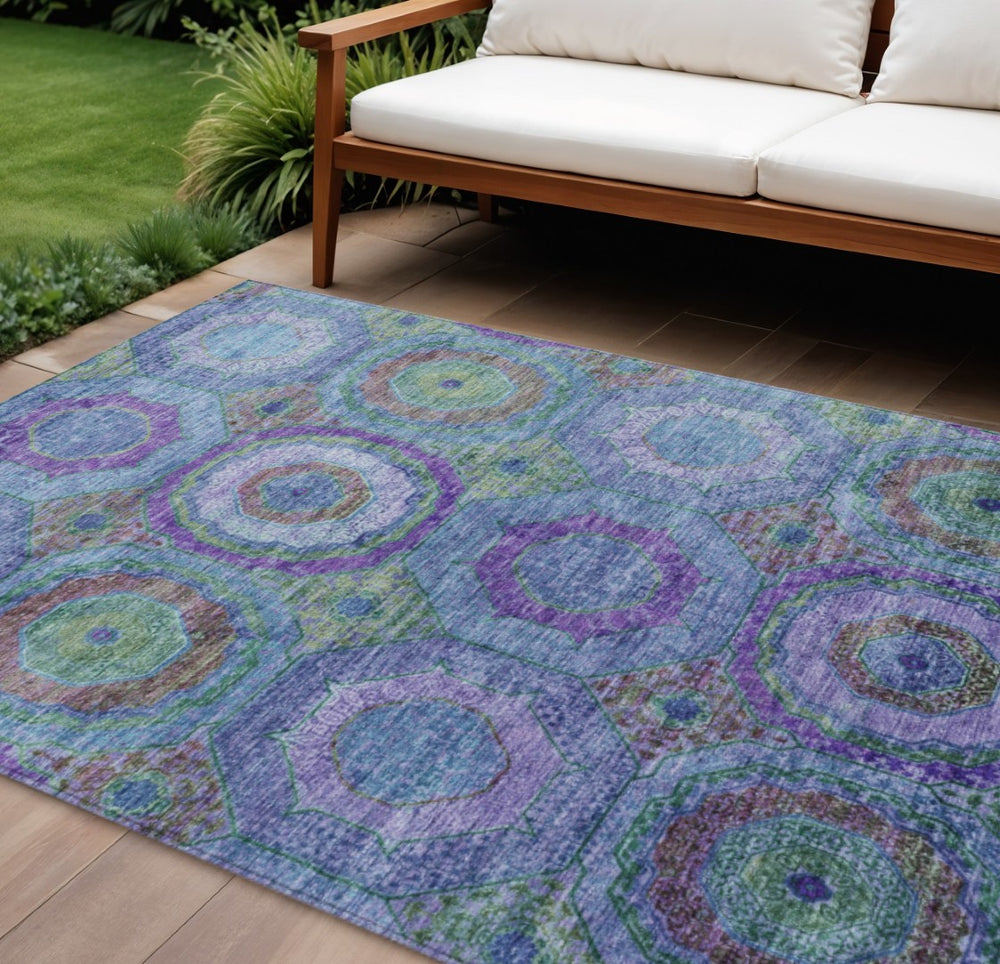 HomeRoots 10' Vibrant Blue Purple Lime Green Geometric Washable Area Rug for Indoor & Outdoor Use 630182