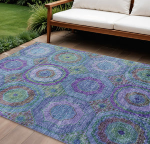 HomeRoots 10' Vibrant Blue Purple Lime Green Geometric Washable Area Rug for Indoor & Outdoor Use 630182