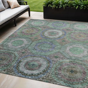 HomeRoots 5' Stylish Green Charcoal and Purple Geometric Washable Area Rug for Indoor or Outdoor Spaces 630184