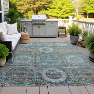 HomeRoots 5' Stylish Green Charcoal and Purple Geometric Washable Area Rug for Indoor or Outdoor Spaces 630184