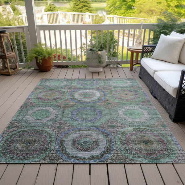 HomeRoots 5' Stylish Green Charcoal and Purple Geometric Washable Area Rug for Indoor or Outdoor Spaces 630184