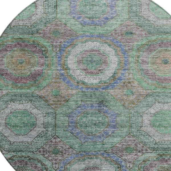 HomeRoots 8' Washable Round Area Rug in Green, Charcoal & Purple Geometric Design for Indoor & Outdoor Use 630185