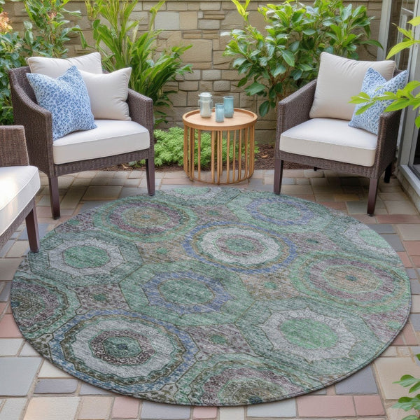HomeRoots 8' Washable Round Area Rug in Green, Charcoal & Purple Geometric Design for Indoor & Outdoor Use 630185