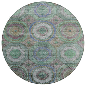 HomeRoots 8' Washable Round Area Rug in Green, Charcoal & Purple Geometric Design for Indoor & Outdoor Use 630185
