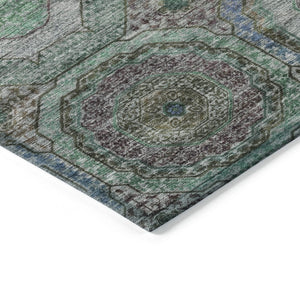 HomeRoots 8' Washable Round Area Rug in Green, Charcoal & Purple Geometric Design for Indoor & Outdoor Use 630185