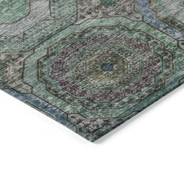 HomeRoots 8' Washable Round Area Rug in Green, Charcoal & Purple Geometric Design for Indoor & Outdoor Use 630185