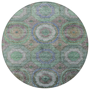 HomeRoots 8' Washable Round Area Rug in Green, Charcoal & Purple Geometric Design for Indoor & Outdoor Use 630185