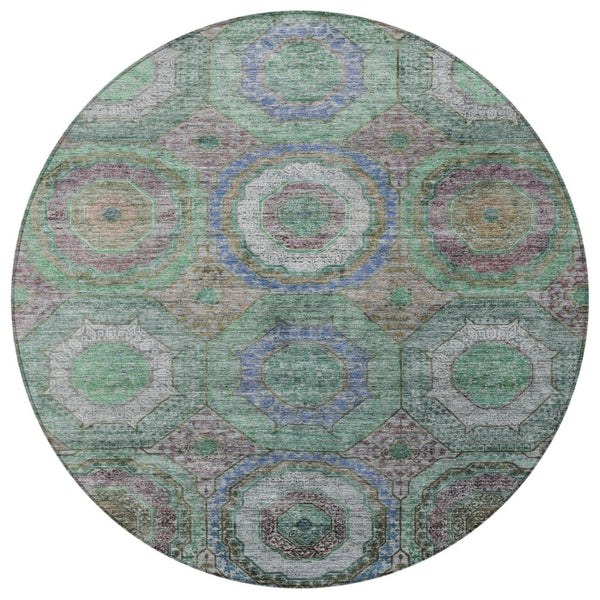 HomeRoots 8' Washable Round Area Rug in Green, Charcoal & Purple Geometric Design for Indoor & Outdoor Use 630185