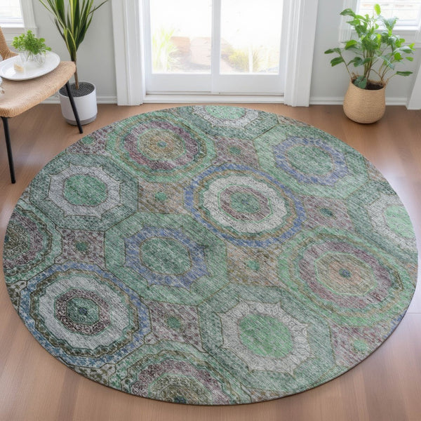HomeRoots 8' Washable Round Area Rug in Green, Charcoal & Purple Geometric Design for Indoor & Outdoor Use 630185