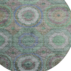 HomeRoots 8' Washable Round Area Rug in Green, Charcoal & Purple Geometric Design for Indoor & Outdoor Use 630185