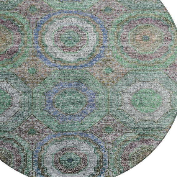 HomeRoots 8' Washable Round Area Rug in Green, Charcoal & Purple Geometric Design for Indoor & Outdoor Use 630185
