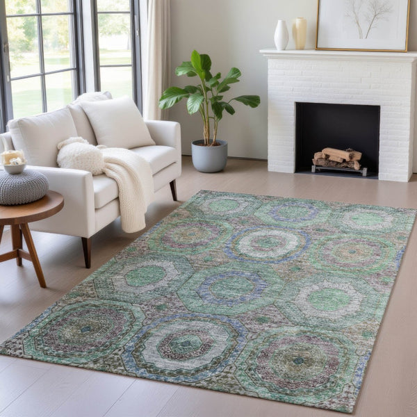 HomeRoots 8' X 10' Vibrant Geometric Area Rug in Green, Charcoal & Purple - Washable for Indoor/Outdoor Use 630186
