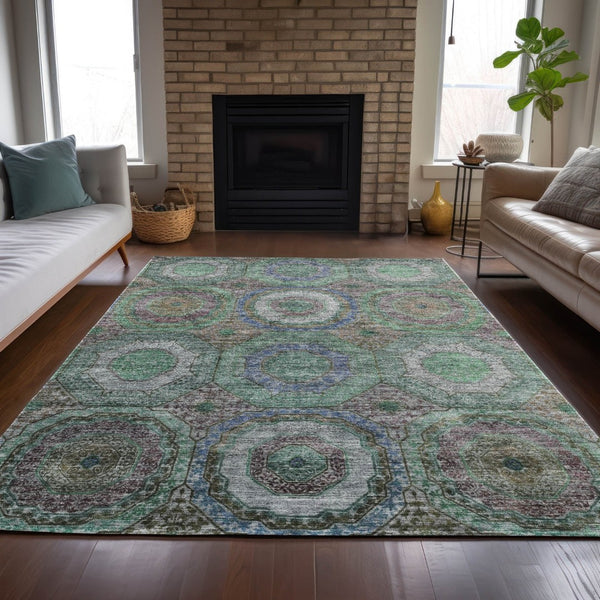HomeRoots 8' X 10' Vibrant Geometric Area Rug in Green, Charcoal & Purple - Washable for Indoor/Outdoor Use 630186